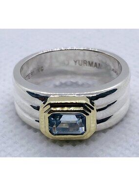 David Yurman Emerald Cut Blue Stone Sterling Silver 925 14K Ring